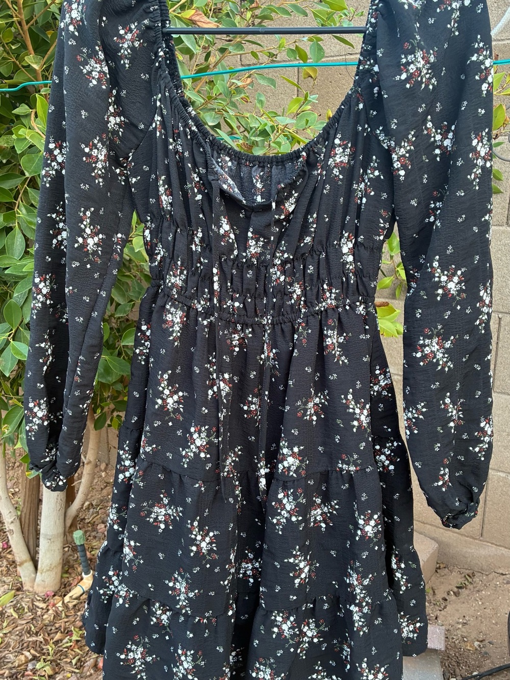 Black Floral Long-Sleeve Smocked Waist Midi Dress